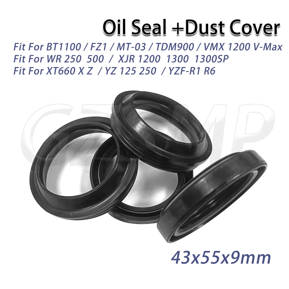Фото Подходит для Yamaha FZ1 MT-03 BT1100 WR 250 500 XJR 1200 1300 R1 R6 XT660 X Z 43x55x9, сальник передней вилки и пылезащитный чехол №1