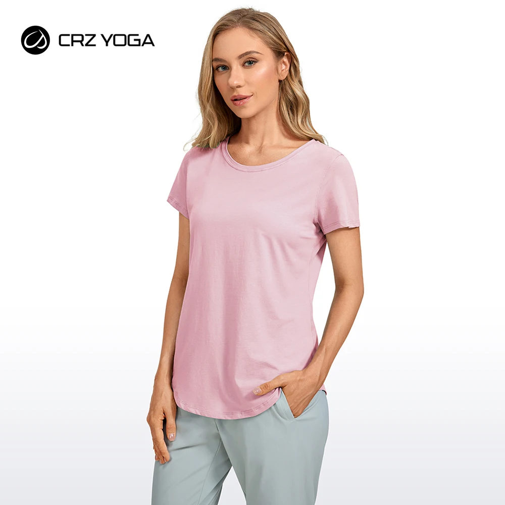 

CRZ YOGA Women's Pima Cotton Workout Fitness Round Neck Short Sleeve Tee
