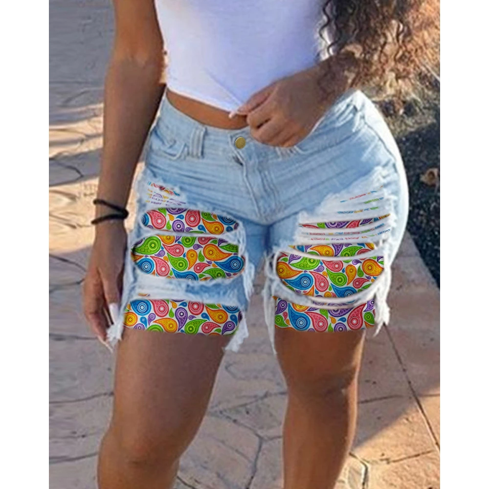 Women High Waist Hollow-out Paisley Print Washed Denim Shorts Female Summer Ripped Raw Hem Skinny Casual Shorts femme été