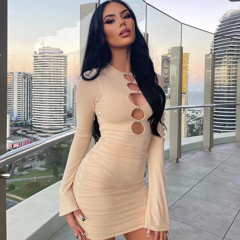 

Solid Color Hollow Tight Skirt Red Sexy Package Hip Mini Skirt Round Neck Long Sleeve African Dress Fashion Women's Summer 2022
