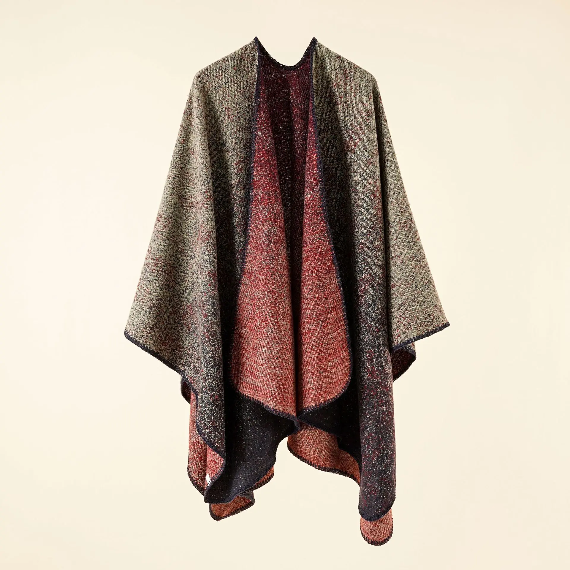 2022 Autumn Winter New Street Solid Color Gradient Herringbone Imitation Cashmere Warm Shawl Cloak Poncho Capes Red Navy