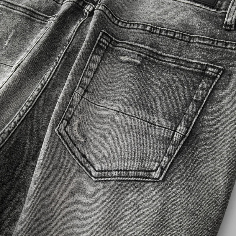 High Street Fashion Men Jeans Retro Gray Elastic Stretch Skinny Ripped Jeans Men Leather Patched Designer Hip Hop Brand Pants