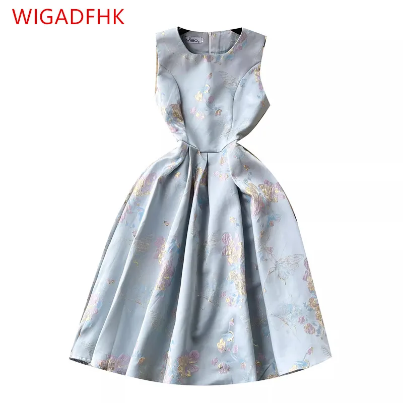 

WIGADFHK Ретро Премиум Золотой Печатный принт платье О-образный вырез без рукавов Талия трапециевидной формы большой свободный топ платье элегантное женское платье