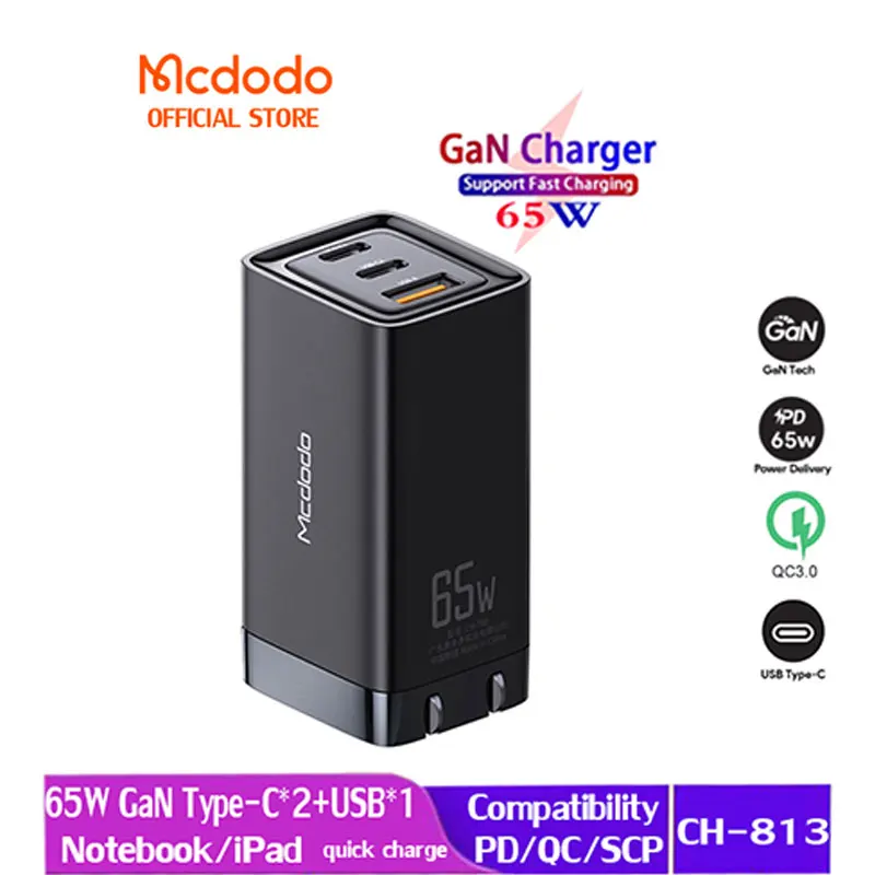

MCDODO GaN 65W US Plug Fast Charger QC 4.0 3.0 PD Quick Charge Type C USB 3 Ports Portable Charger For iPhone 11 Pro 5 6 iPad
