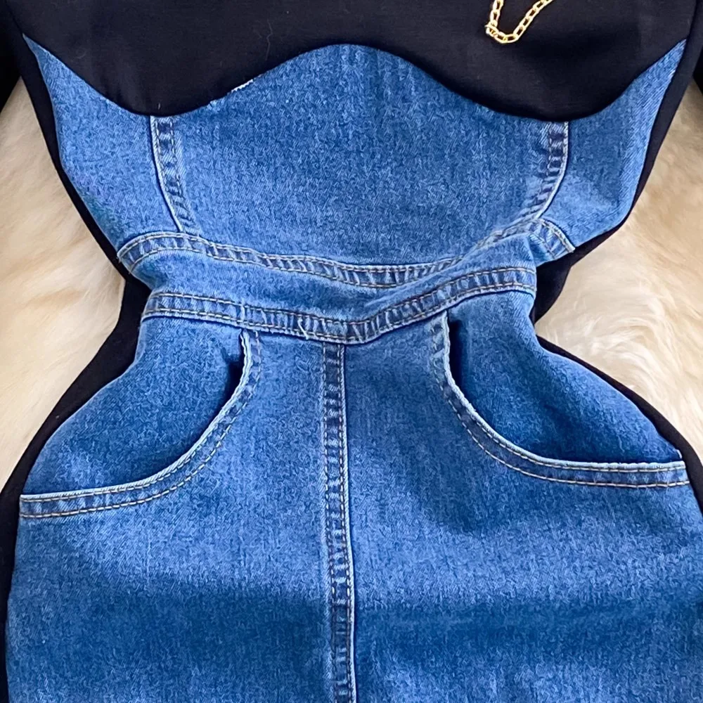 Женское джинсовое платье с длинным рукавом дизайнерское в стиле пэчворк