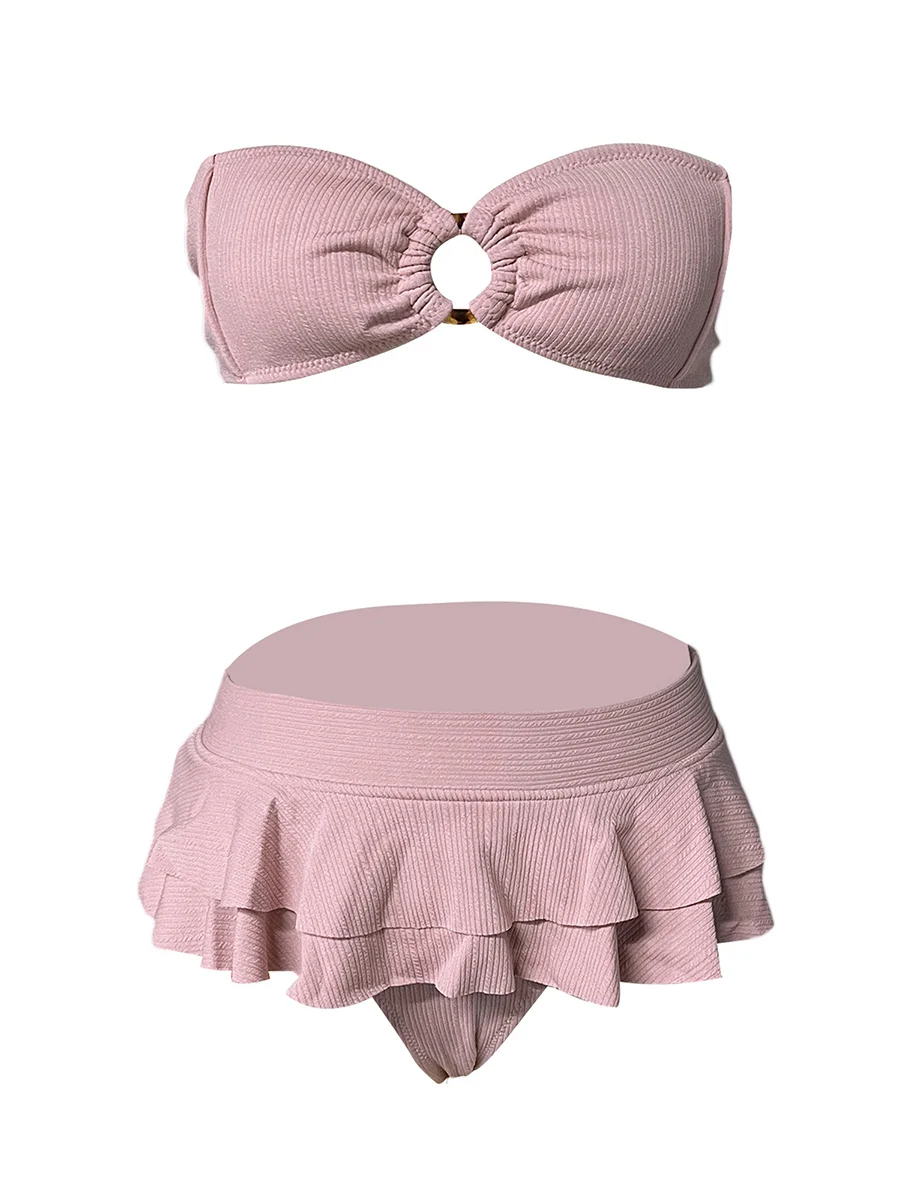 

2023 New Women High Waist Bikini Set with Floral Print Bandeau Top and Ruffled Cheeky Bottoms for Beachwear