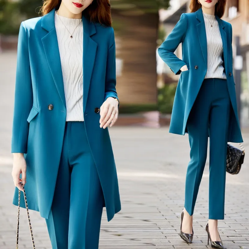 

2022 Autumn Formal Ladies Fuchsia Long Blazer Women Business Suits with Sets Work Wear Office Uniform Large Size Pants Jacket