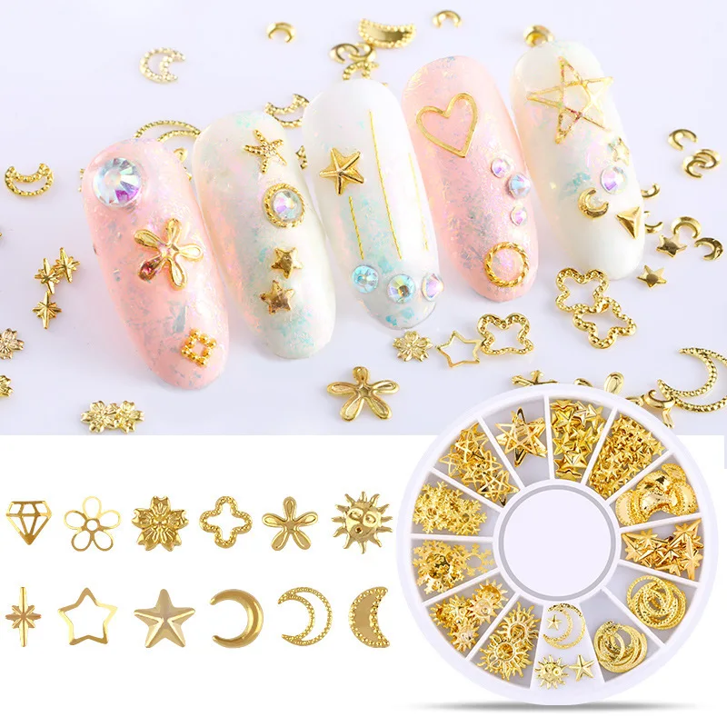 

Оптовая продажа, модные украшения для ногтей в японском стиле, аксессуары для ногтей, 3D золотая звезда, луна, сердце, цветок, крест, металлические гвоздики, украшения для дизайна ногтей