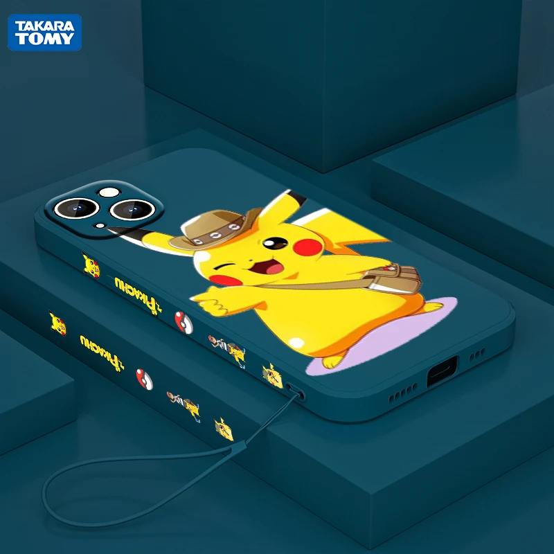 

Anime Cute Pikachu Lovely For Apple iPhone 13 12 Mini 11 Pro XS MAX XR X 8 7 6S SE Plus Liquid Left Rope Silicone Phone Case