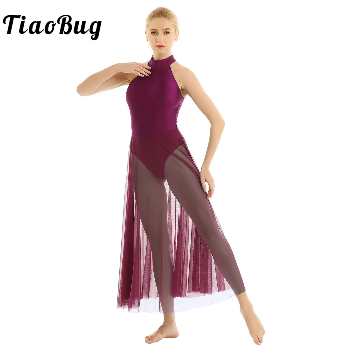 

Ballet Dress Women Adult Halter Backless Moden Contemporary Lyrical Dance Leotard with Long Mesh Skirt Dress for Performance