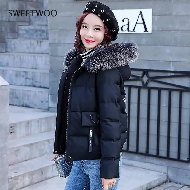 2020 New Winter Jacket Women Parka Coat Fur Collar Hooded Jackets Cotton Padded Parkas Thick Short Coat Female Outwear Tide Slim