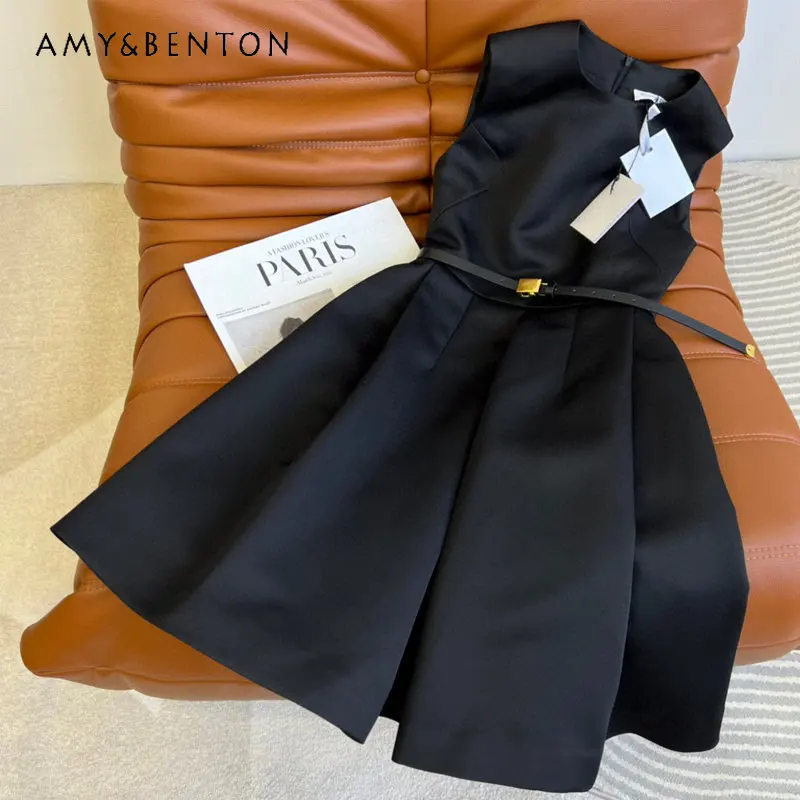 2023 Early Autumn New Hepburn Style Elegant Pettiskirt Waist-Tight Slimming Fashionable Sleeveless Black Dress for Women