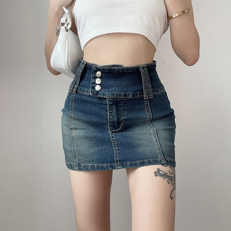 

Summer Slim Fashion Sexy Club Solid Color High Waist Women Casual Vintage Skinny Mini Skirt Bodycon Washed Denim Pencil Skirts