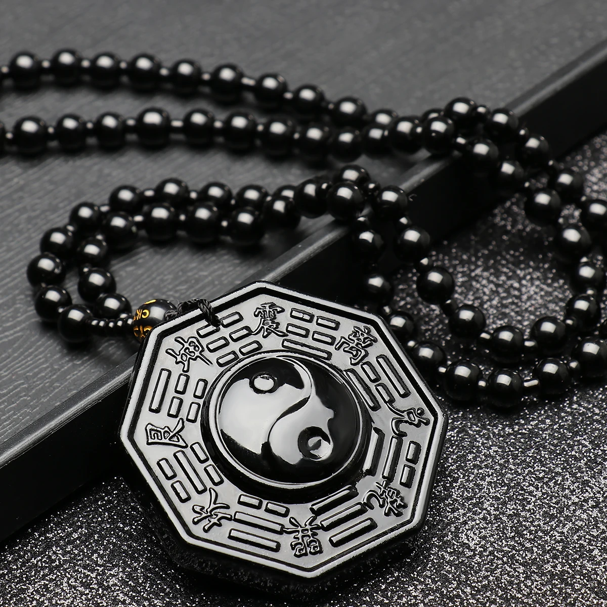 

Black Obsidian Carving Yin Yang Wolf Dragon and Phoenix Necklace Pendant Obsidian Lucky Pendants Jewelry