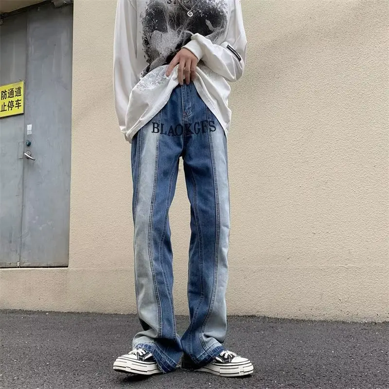 YIHANKE Four Seasons Men Loose Straight Wide Leg Ins Trend Light Color Stitching Pants Fashion Streetwear Ins Hot Selling Denim