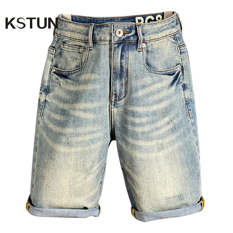 

KSTUN Shorts Summer Men Jeans Men's Denim Shorts 2022 New Light Blue Stretch Washed Boys Wide Shorts Straight Cut Hip Hop Jeans