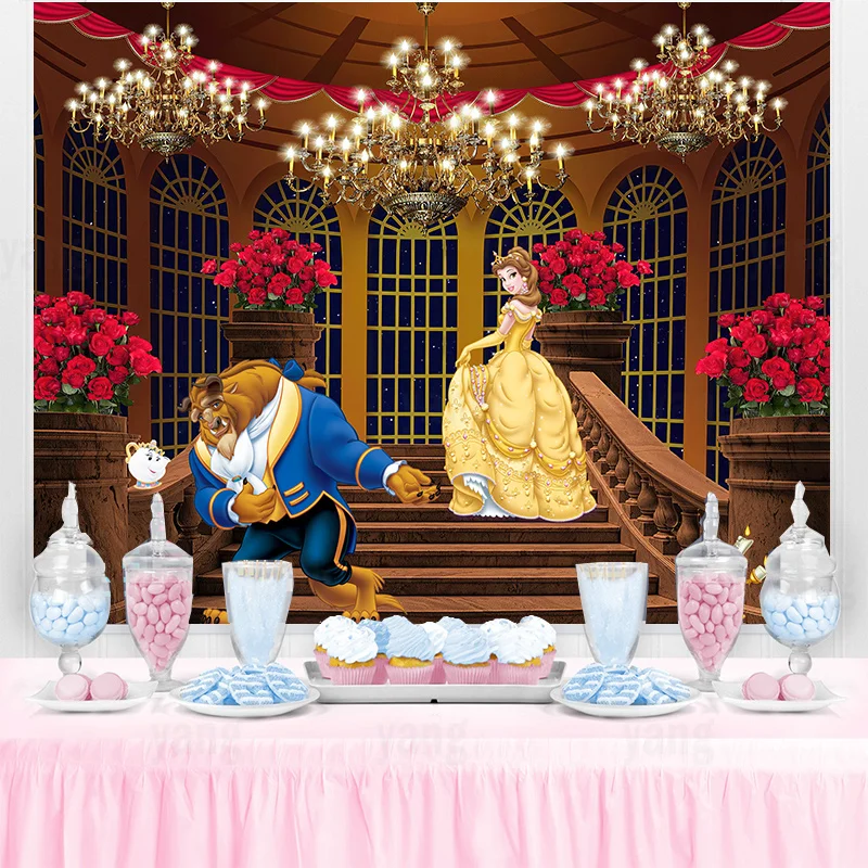 

Disney Princess Wedding Castle Dreamy Rose Beauty and the Beast Belle Backdrop Girls Birthday Party Baby Shower Banner