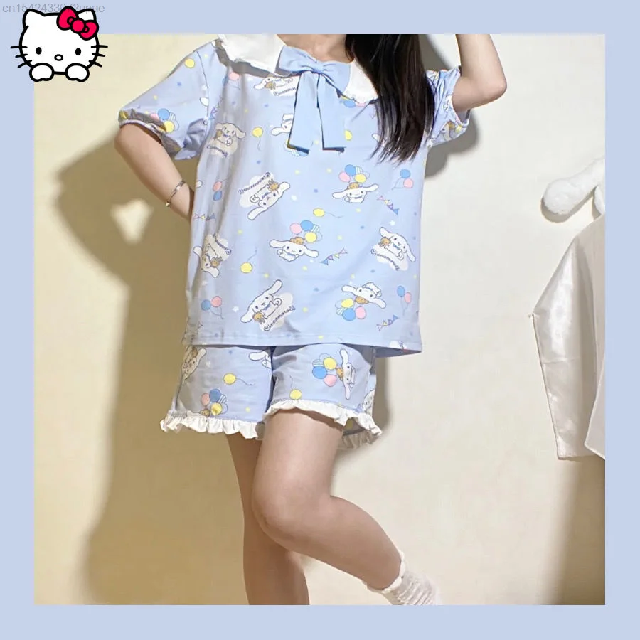 Nightgown Girl Summer Cute Sleepwear Casual Student Clothes Cartoon Print Cinnamoroll Home Pajamas Short Sleeve And Short Pants