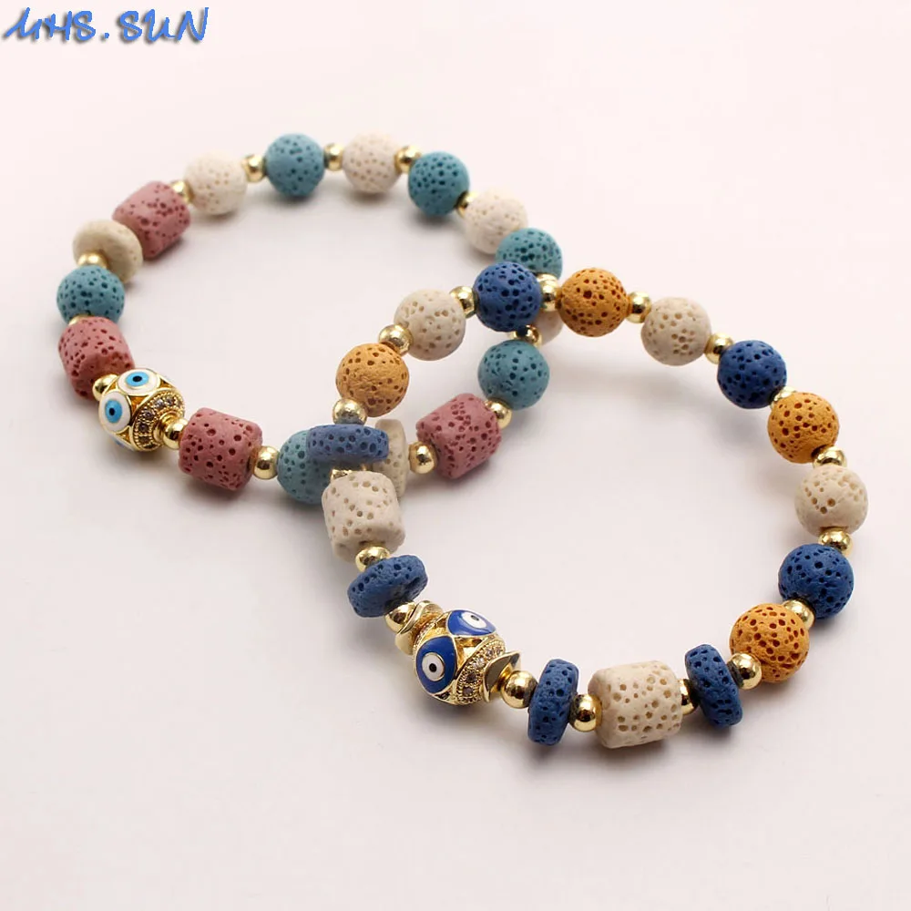 

MHS.SUN New Colorful Natural Volcanic Stone Bracelet Cubic Zirconia Eye Beaded Bracelets Elastic Jewelry For Women Men Gift 1PC