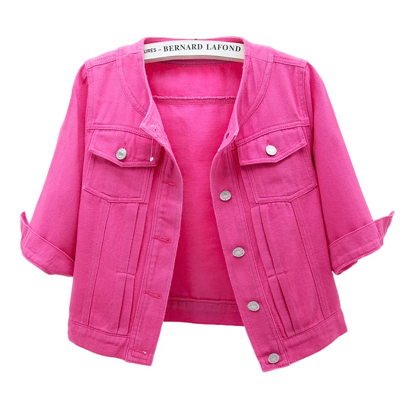 

Korean Rose Red Denim Jackets Women O Neck Half Sleeve Slim Short Cowboy Outerwear Big Pocket Casual Jeans Jacket Coat Female