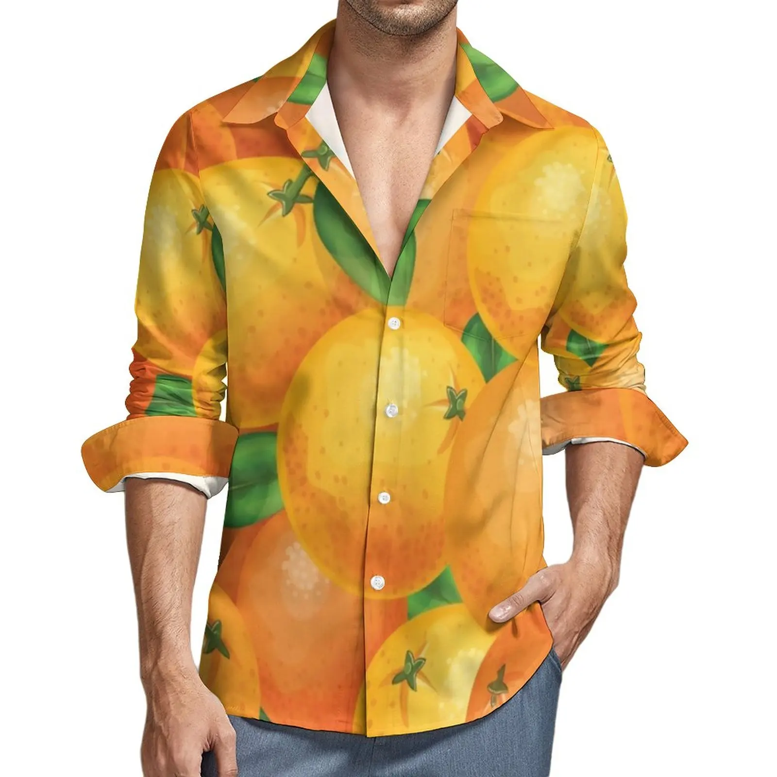 

Fresh Oranges Casual Shirts Male Green Leaves Print Shirt Long Sleeve Loose Y2K Blouses Autumn Design Clothing Big Size 3XL 4XL