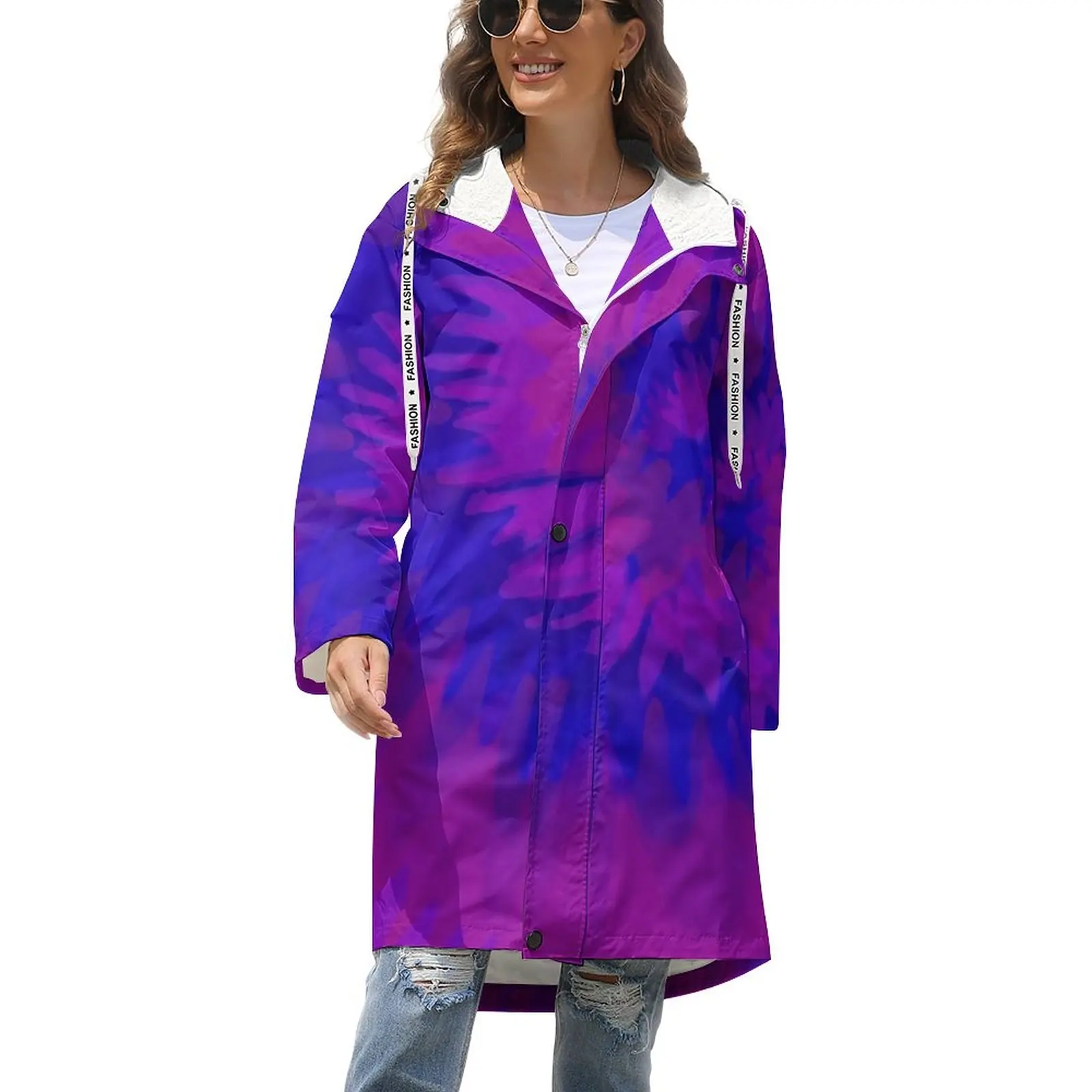 

Blue Purple Tie Dye Winter Coat Women Abstract Print Loose Thick Trench Coats Street Fashion Design Long Jackets Big Size