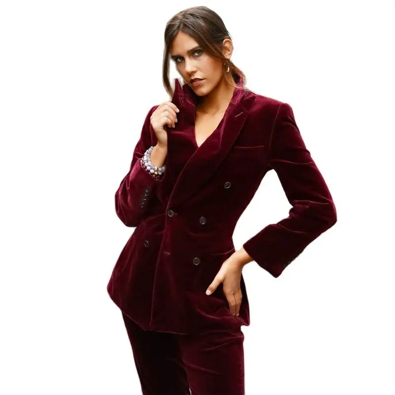 Velvet Suit Women's 2 Piece Burgundy Formal Tuxedo Pants Silm Fit Blazer + Trousers костюм женский