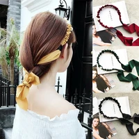 fashion long ribbon pleated headbands solid tie ponytail bow pearl hairbands for women girls bezel hair hoops hair accessories