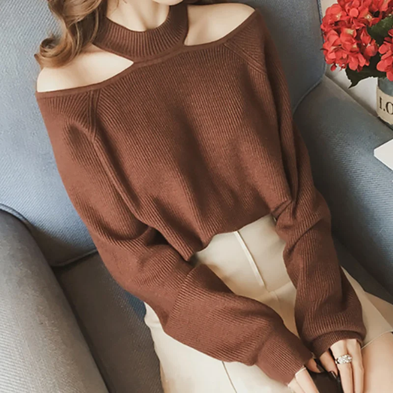 

Hikigawa Chic Fashion Women Early Autumn Y2k Off Shoulder Sweater Solid Sexy Halter Slash Neck Long Sleeve Pullover Top Mujer