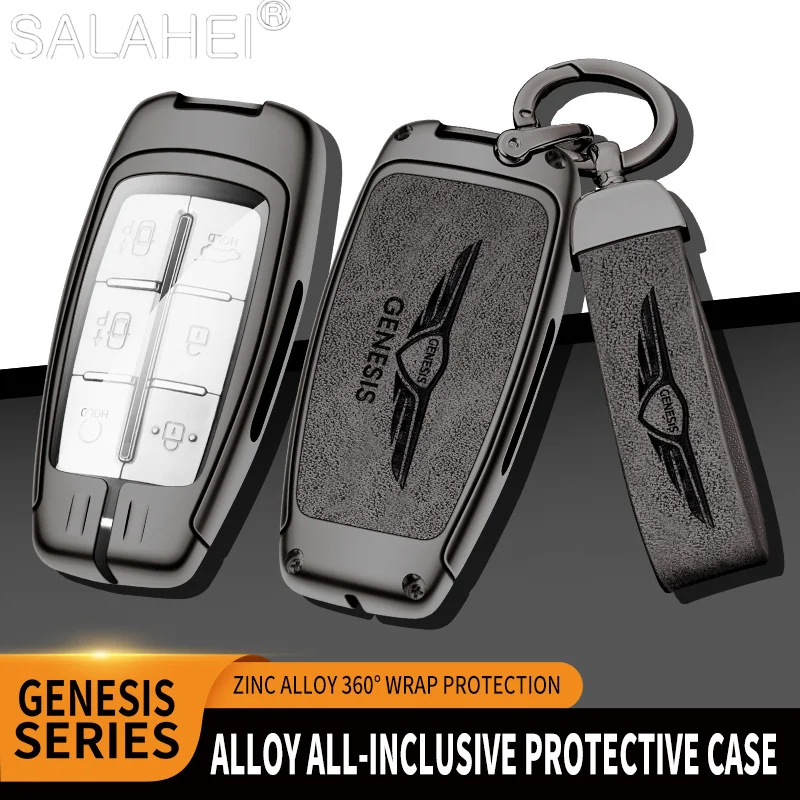 

Zinc Alloy Leather Car Remote Key Case Cover For Genesis G80 GV70 GV80 GV90 2020 2021 2022 Protector Shell Keychain Accessories