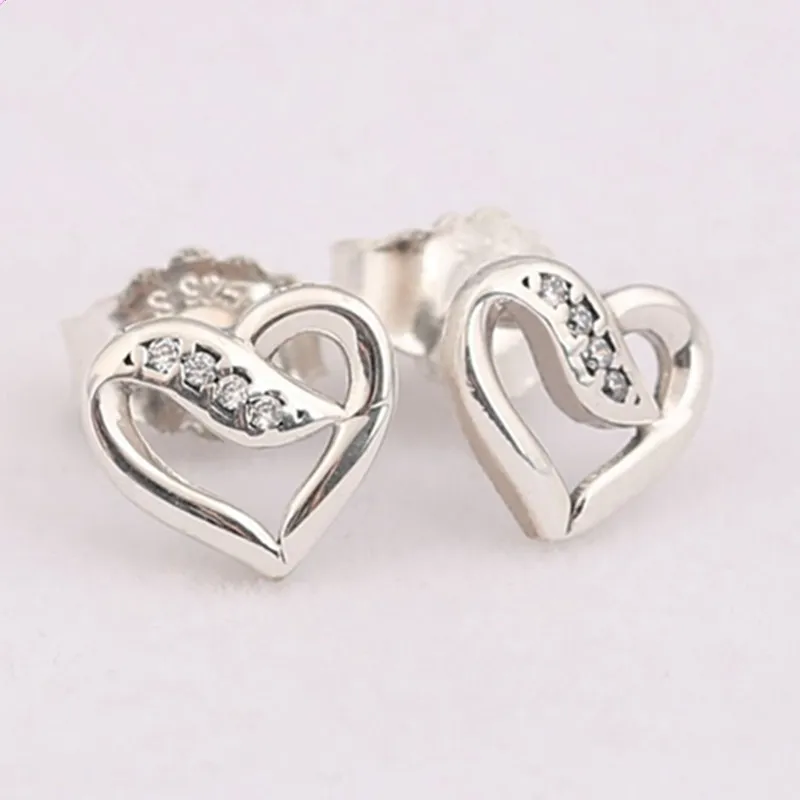 

Authentic 925 Sterling Silver Sparkling Ribbons Of Love Heart With Crystal Stud Earrings For Women Wedding Gift Fashion Jewelry