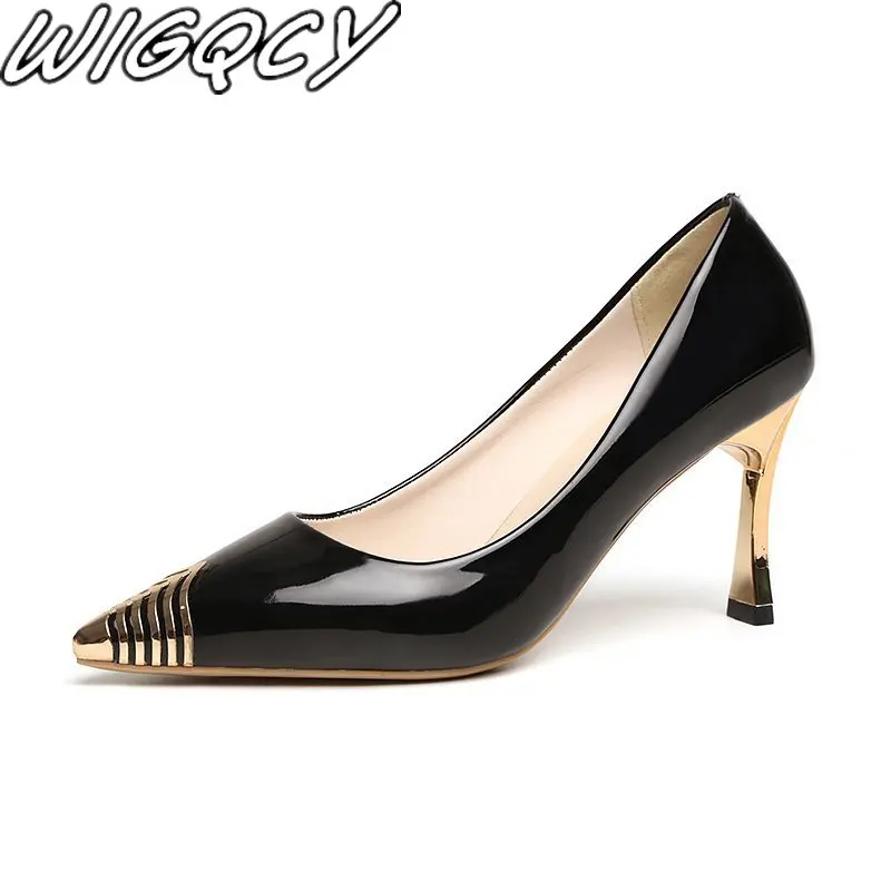 

2020 Sexy High Heels Dress Shoes New Retro Designer Fashion Pumps Pointed Toe Boat Patchwork Shallow Thin Heels Zapatilla Mujer