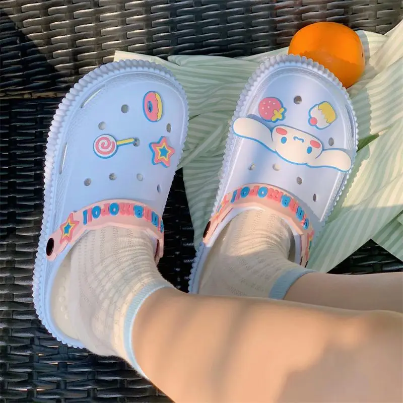 

Sanrioed Kawaii Cartoon Anime My Melody Cinnamoroll Kuromi Cute Outer Wear Heightening Sandals and Slippers Baotou Hole Shoes