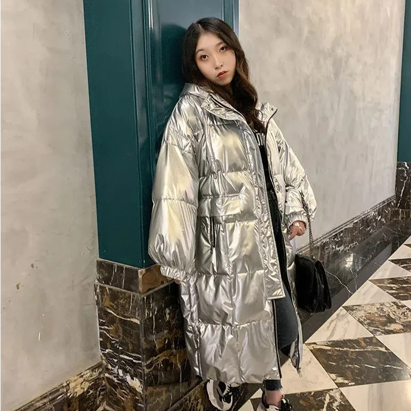 Down Padded Jackets Women's 2022 Winter New Mid-Length Hooded Parker Loose Bright Surface Wash-Free Thick Warm Coats Female