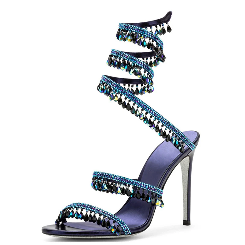

Crystal Pendant Ankle Snake Wrap Sandals Open Toe High Heels Wedding Bridal Shoes Woman Summer 2023 Fashion Luxury Pumps