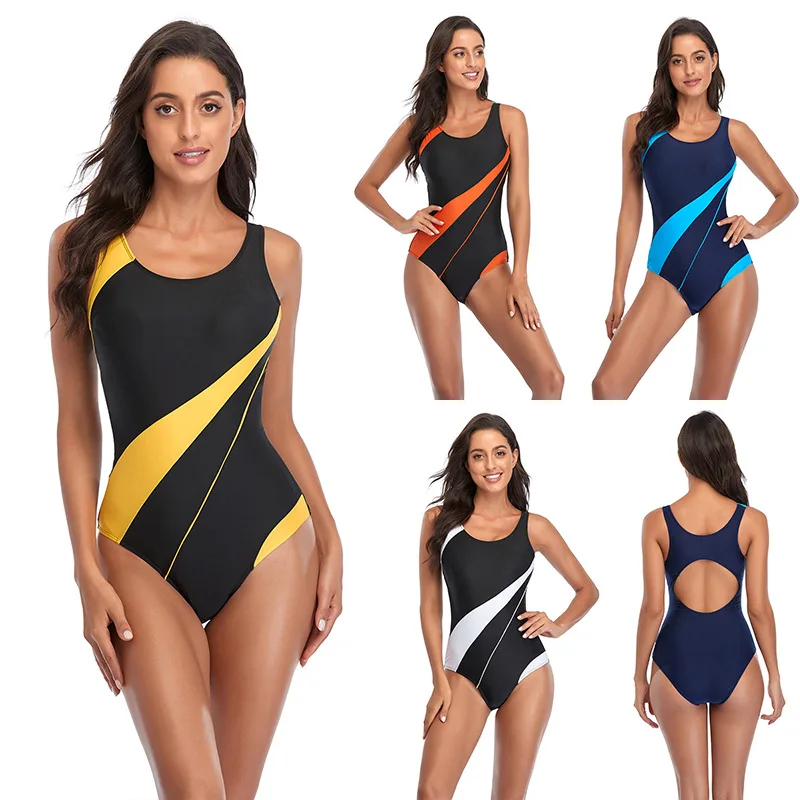 

Fashion sports diagonal color blocking three-dimensional one-piece triangle women's swimsuit, water sports training suit