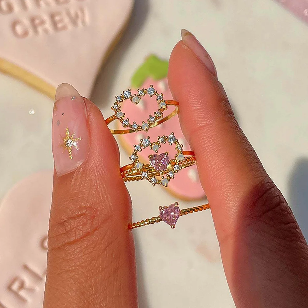 New Ins Gold-plated Copper Pink Heart Ring For Women Vintage Micro-encrusted Zircon Fairy Love Rings Fashion Aesthetic Jewelry