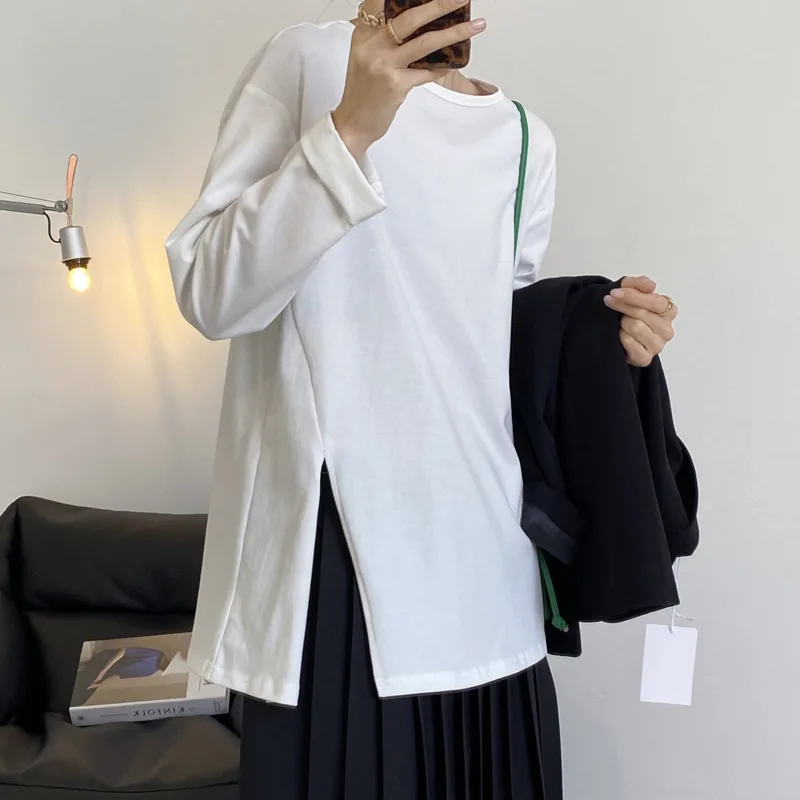 

Women Split Cotton T-shirts Spring O Neck Long Sleeve Oversized T-Shirt Loose Pullovers Tops