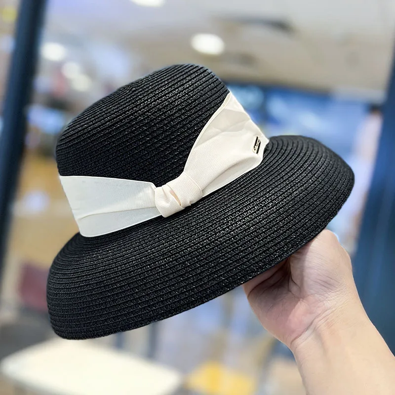 

New Women Straw Hat Summer Wide Brim Boater Hat Elegant Bow Hepburn Style Temperament Sun Hats Fedora Chuch Derby Hat