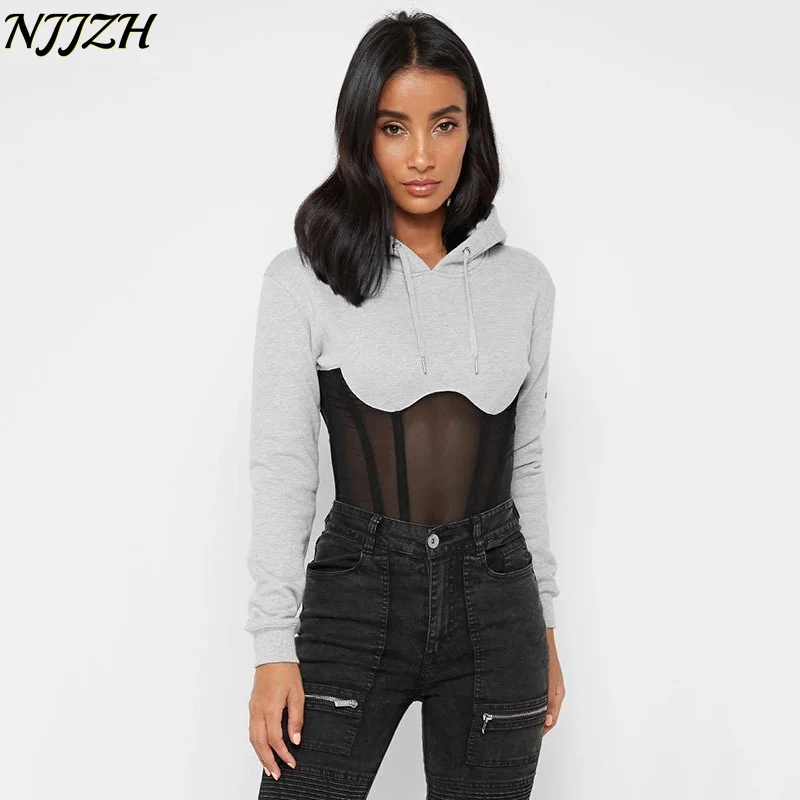 

NJJZH2022 Spring Summer Fashion Sexy Sports Fitness Solid Women Hoodies Long Sleeve Patchwork Net yarn See Through Sweatshirts