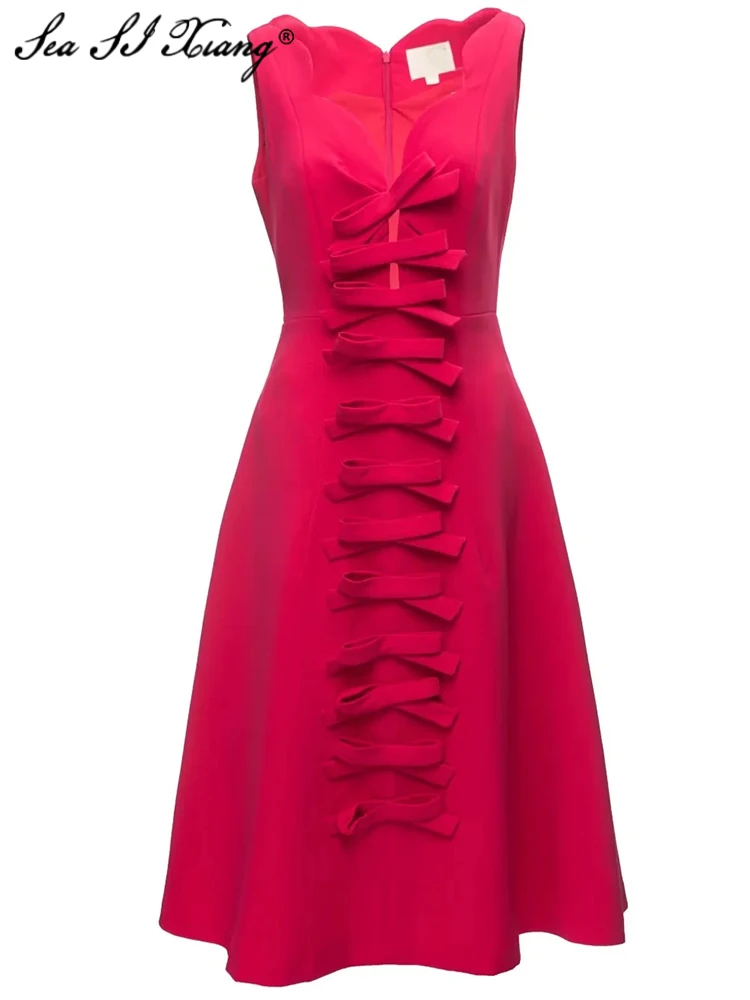 

Женское Короткое платье без рукавов Seasixiang, летнее однотонное элегантное дизайнерское платье с квадратным воротником и бантом