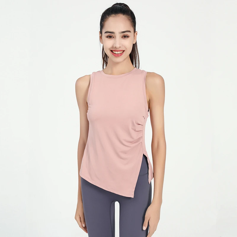 

Summer Sleeveless Shirts Women Pleated Yoga Shirt O-Neck Sport Vest Quick Dry Gym Fitness Tank Top Slim Running Tee Blouse Femme