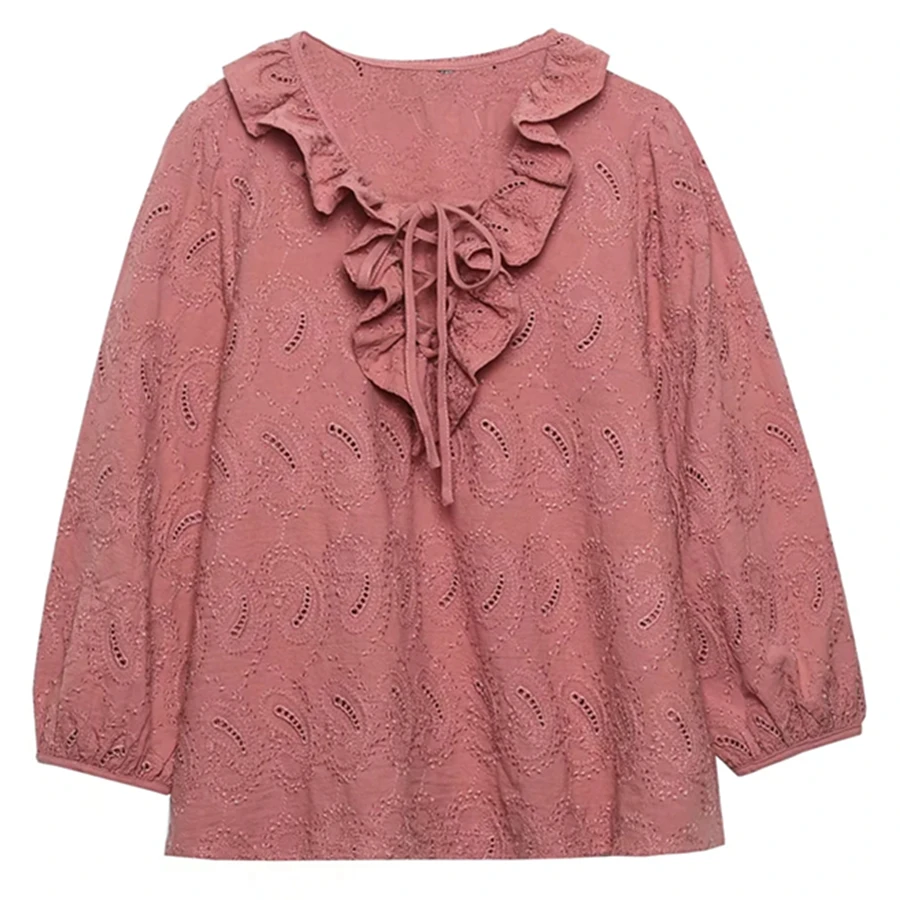 

Withered 2022 Wholesales England Style Fashion Indie Folk Embroideried Ruffles Elegant Casual Shirt Women Blouse Tops