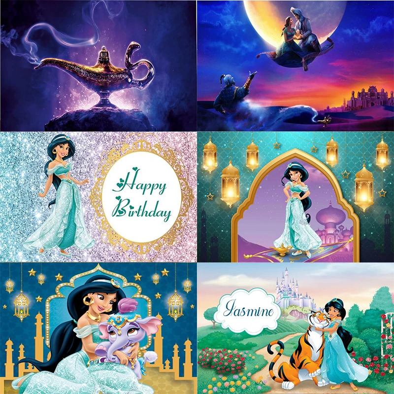 

Aladdin and The Magic Lamp Jasmine Disney Princess Backdrop Baby Shower Girls Birthday Party Photography Background Decor Banner