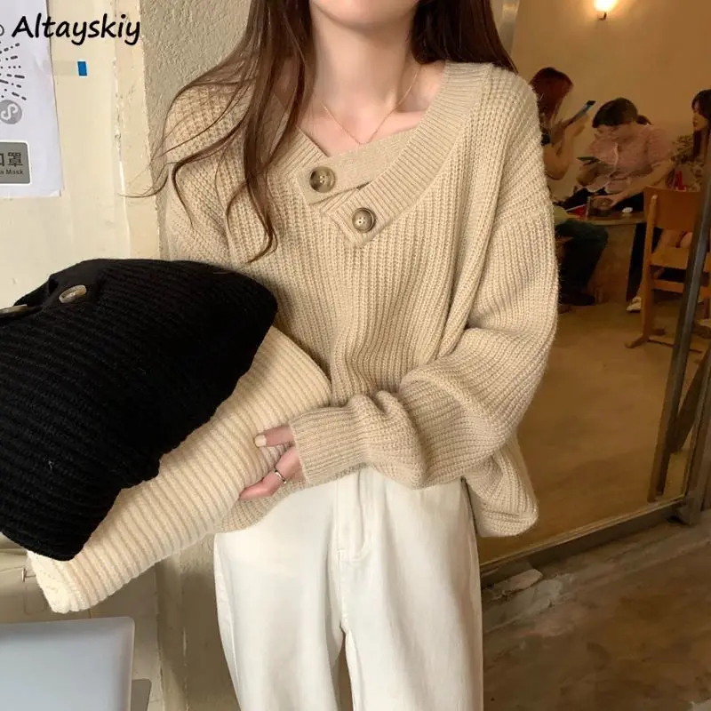 

Pullovers Women Solid Button Loose V-neck Lazy Cool Design Korean Style Cozy Leisure Simple All-match Gentle Trendy Youth Mujer