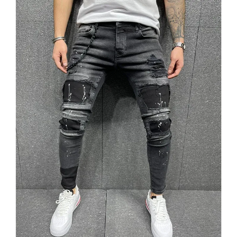 Men's Jeans Blue Fashion High Street Casual Pants Ripped Stretch Denim Trousers Fake Luxury Men's Clothing