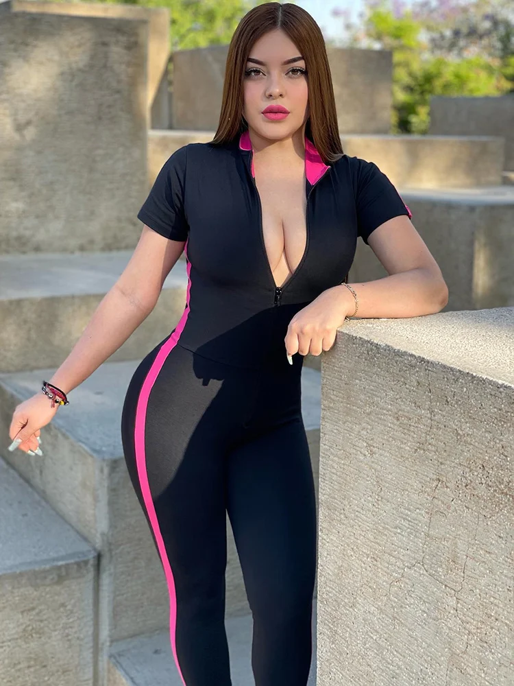 

Женский комбинезон с коротким рукавом, на молнии