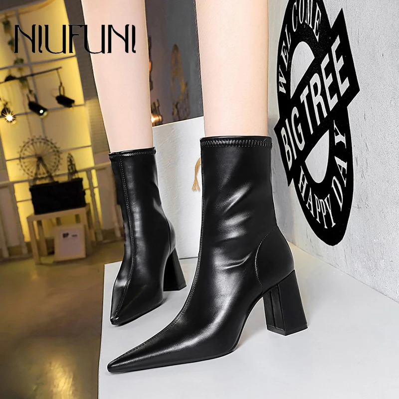 

NIUFUNI Pointed PU Leather Women's Boots Thick High Heels Shoes Texture Spring Autumn Ankle Boots Size 34-43 Black Short Tube