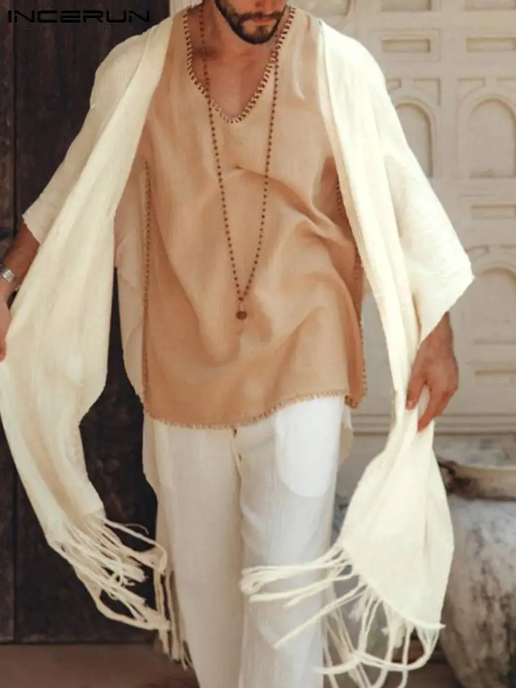 

INCERUN Men Shirt Tassel Solid Open Stitch 3/4 Sleeve Long Style Cardigan Men Kimono 2022 Streetwear Loose Fashion Camisas S-5XL