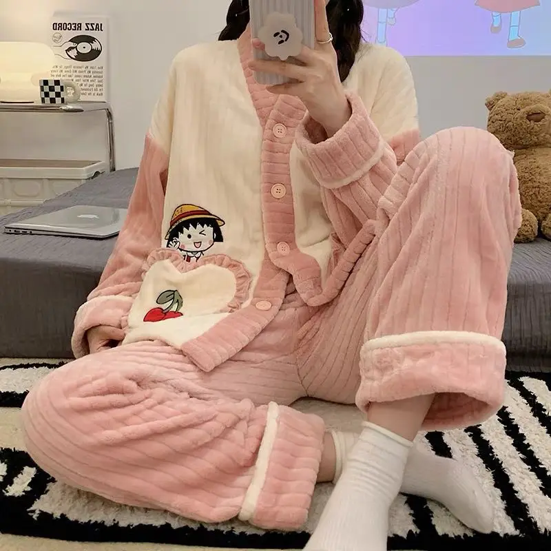 Kawaii Pajama Set Winter Warm Sleepwears for Women Lovely Girl Fleece Pyjama 2 Pieces Home Clothes Cute Nightwear V Neck Female